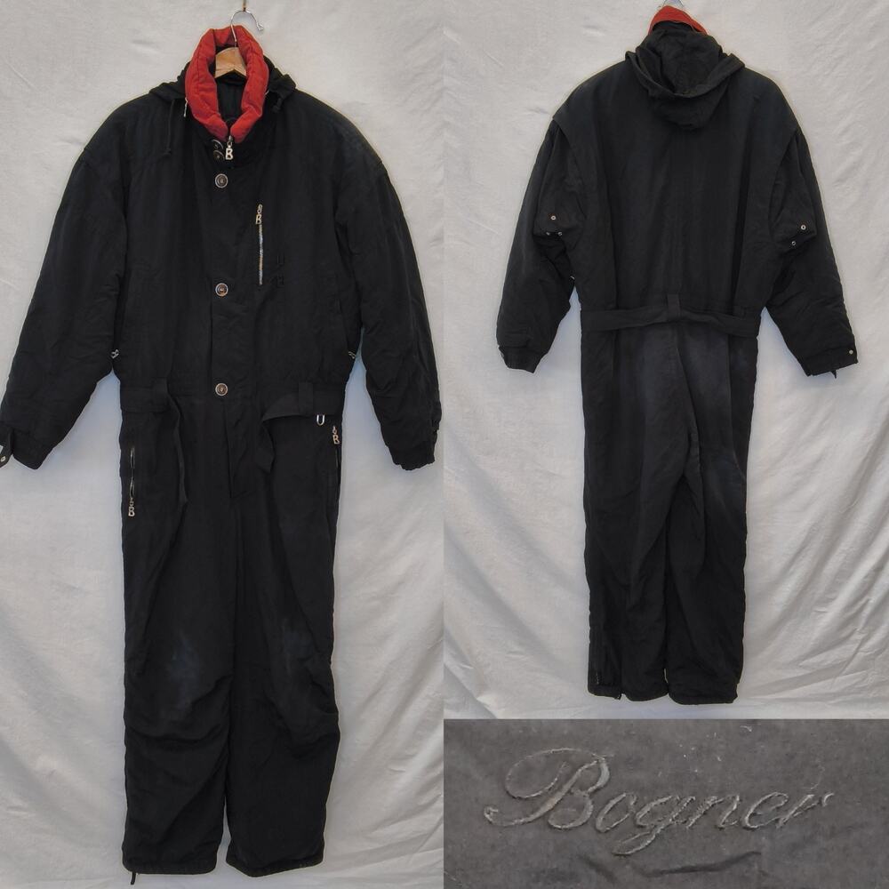 Vintage Bogner Snow Suit Men's XL One Piece Black Snow Suit Hidden Hood #W5749